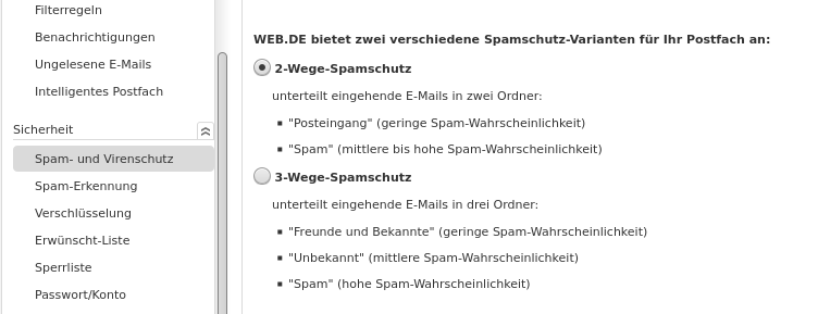 3-Wege-Spamschutz in den web.de-Einstellungen